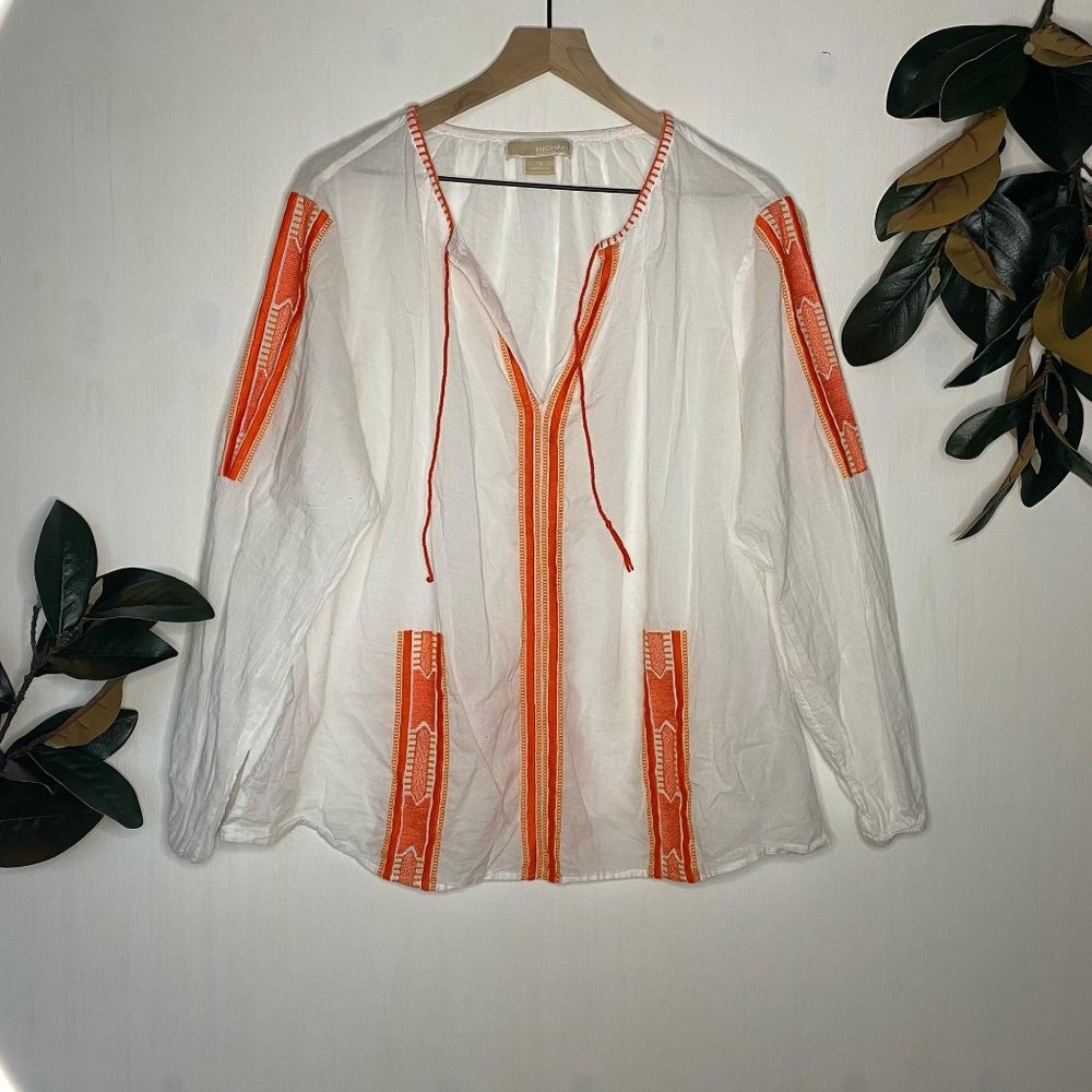 Michael Kors Orange & White Tassel-Tie V-Neck Tuni